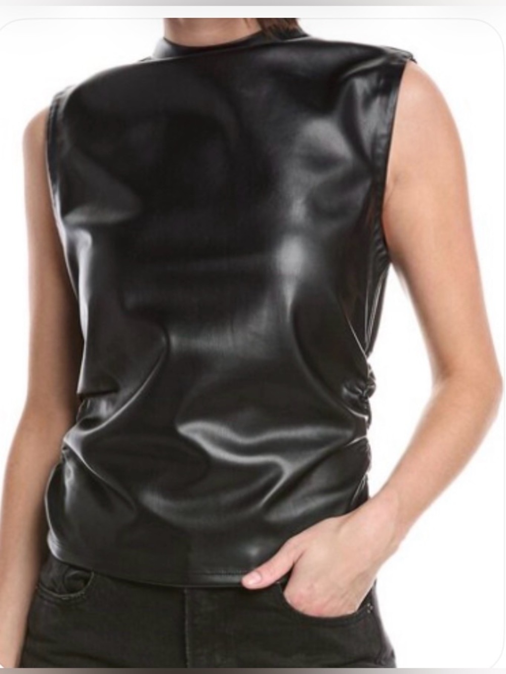 Hudson Jeans Vegan Leather Top with Side Seam Ruching: Extra Large